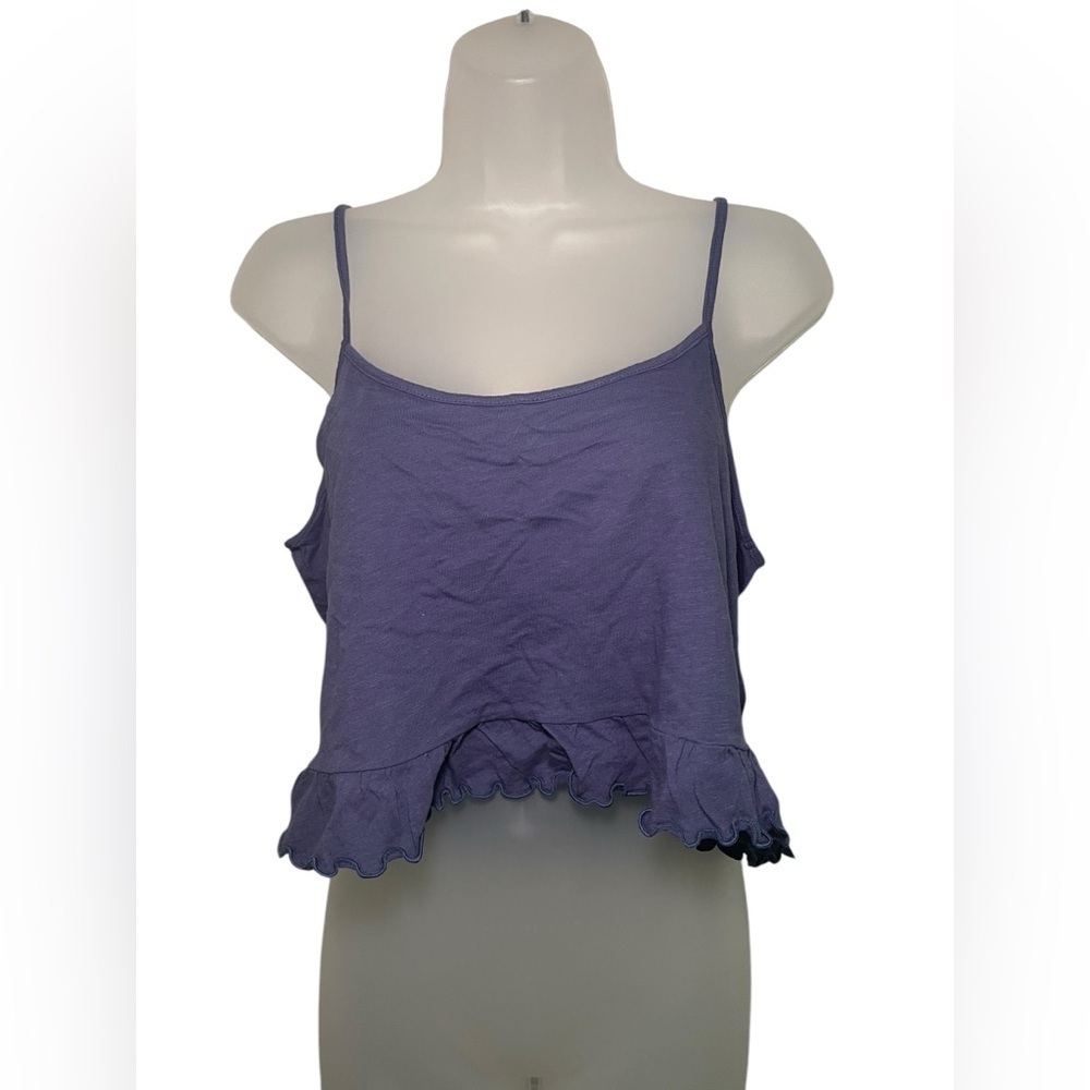 American Eagle New Blue Cropped Relaxed Ruffle Bottom Tank Top Size Medium - Picture 2 of 5